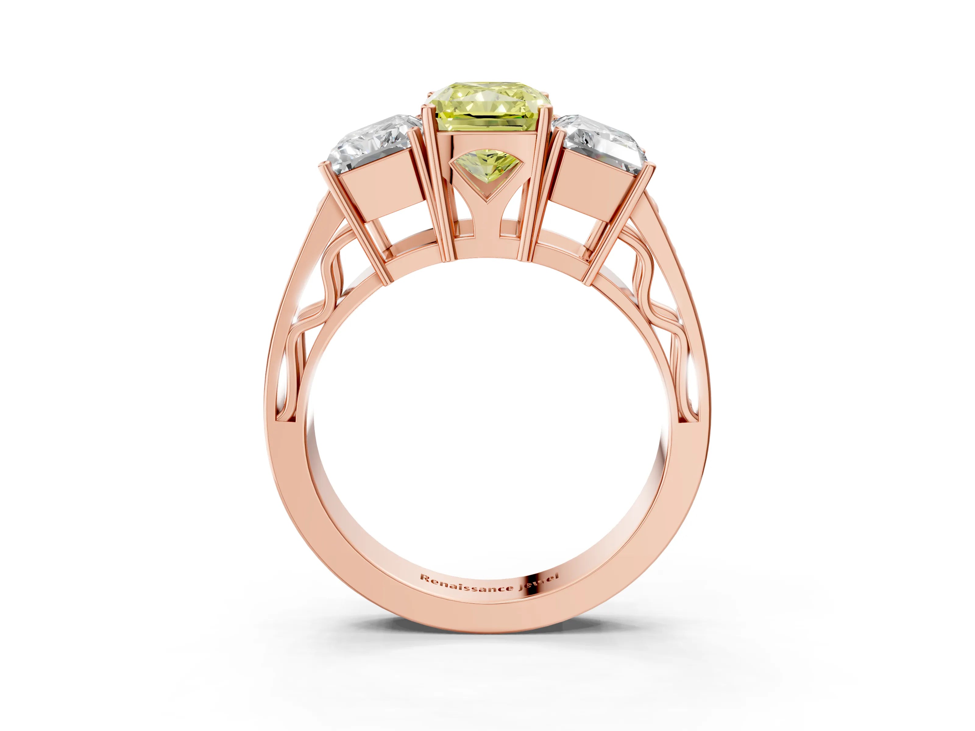 Rose gold Fancy Yellow Radiant Cut Diamond Three-Stone Ring with Prong Setting and Textured Band_3
