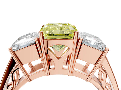 Rose gold Fancy Yellow Radiant Cut Diamond Three-Stone Ring with Prong Setting and Textured Band_4