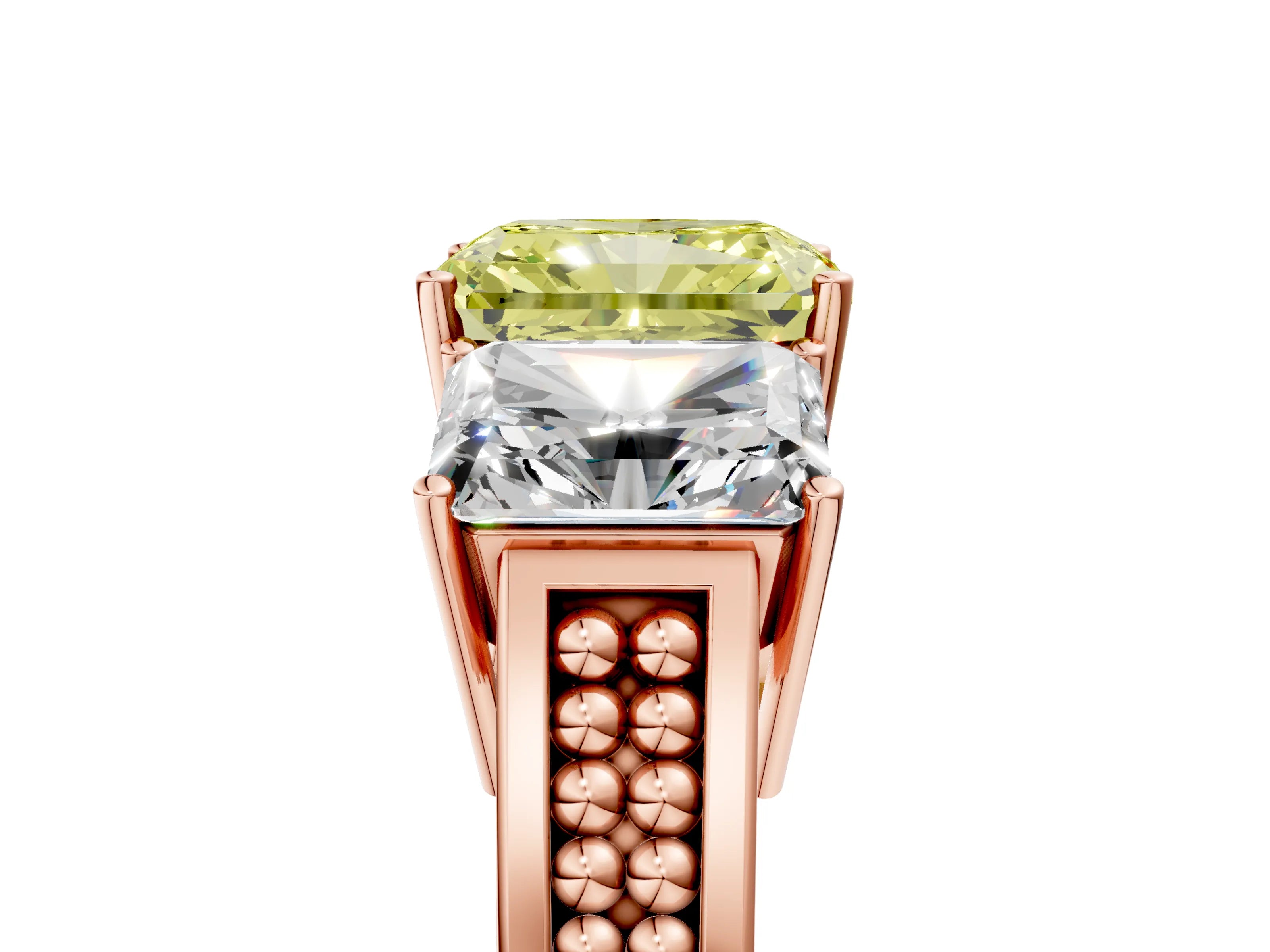 Rose gold Fancy Yellow Radiant Cut Diamond Three-Stone Ring with Prong Setting and Textured Band_5