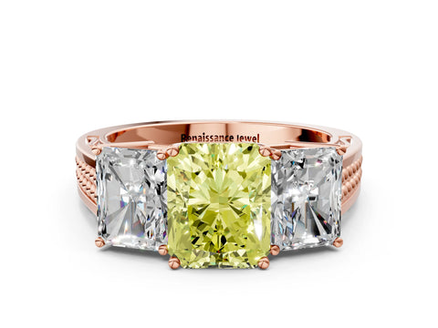 Rose gold Fancy Yellow Radiant Cut Diamond Three-Stone Ring with Prong Setting and Textured Band