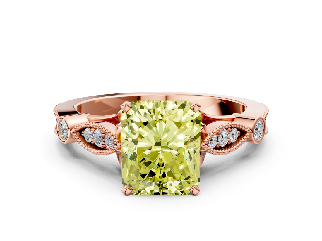 Rose gold Fancy Yellow Radiant  Cut Diamond with Milgrain Marquise and Bezel Accents on a Solitaire Band with Prong Setting_192