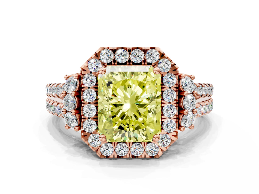 Rose gold Fancy Yellow Radiant  Cut Double Halo Diamond Engagement Ring with Pave Band and Four-Prong Setting_43