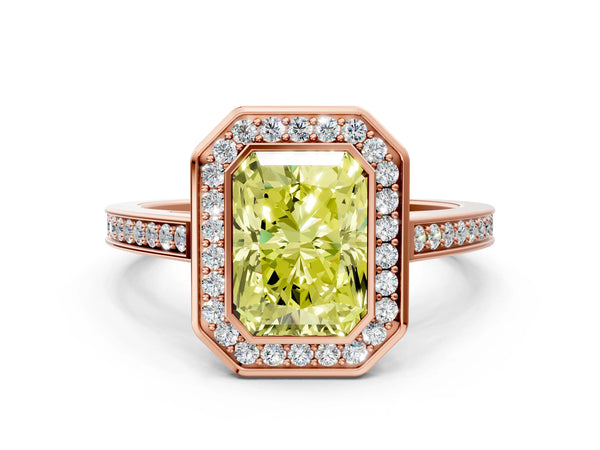 Rose gold Fancy Yellow Radiant Cut Halo Bezel Diamond Pave Band Ring