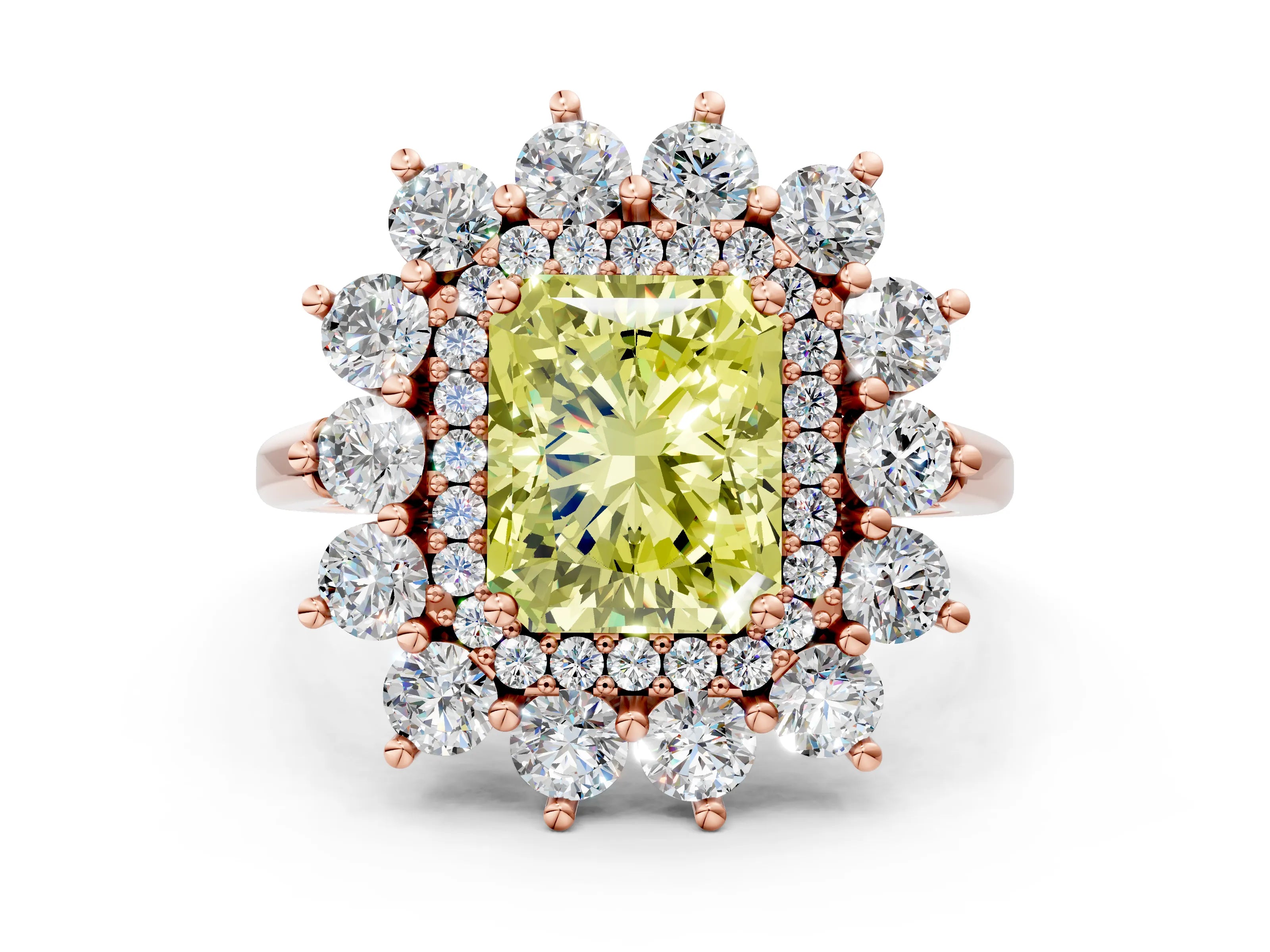 Rose gold Fancy Yellow Radiant Cut Halo Cluster Diamond Ring with Pave Band and Four-Prong Setting