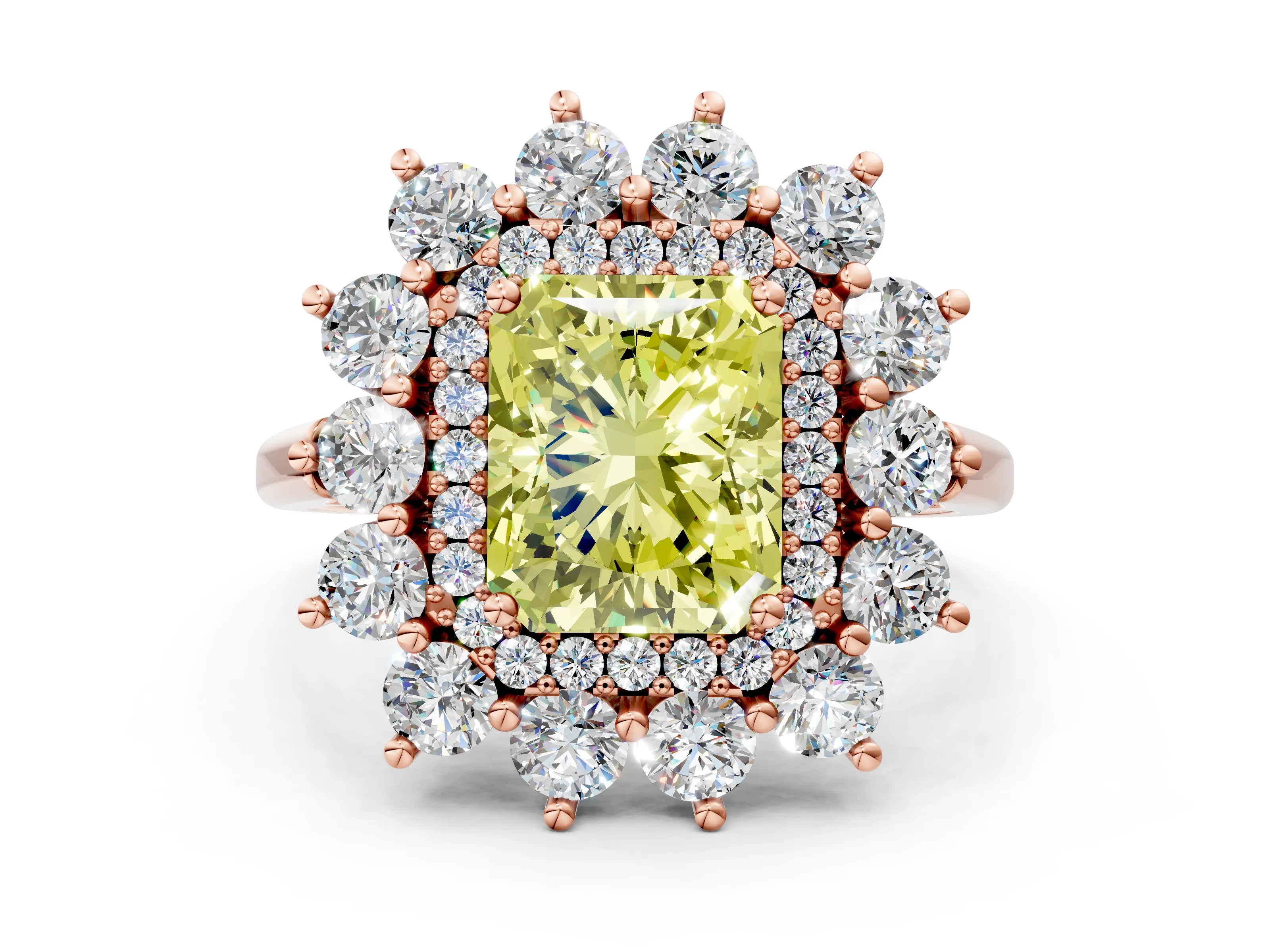 Rose gold Fancy Yellow Radiant Cut Halo Cluster Diamond Ring with Pave Band and Four-Prong Setting_12