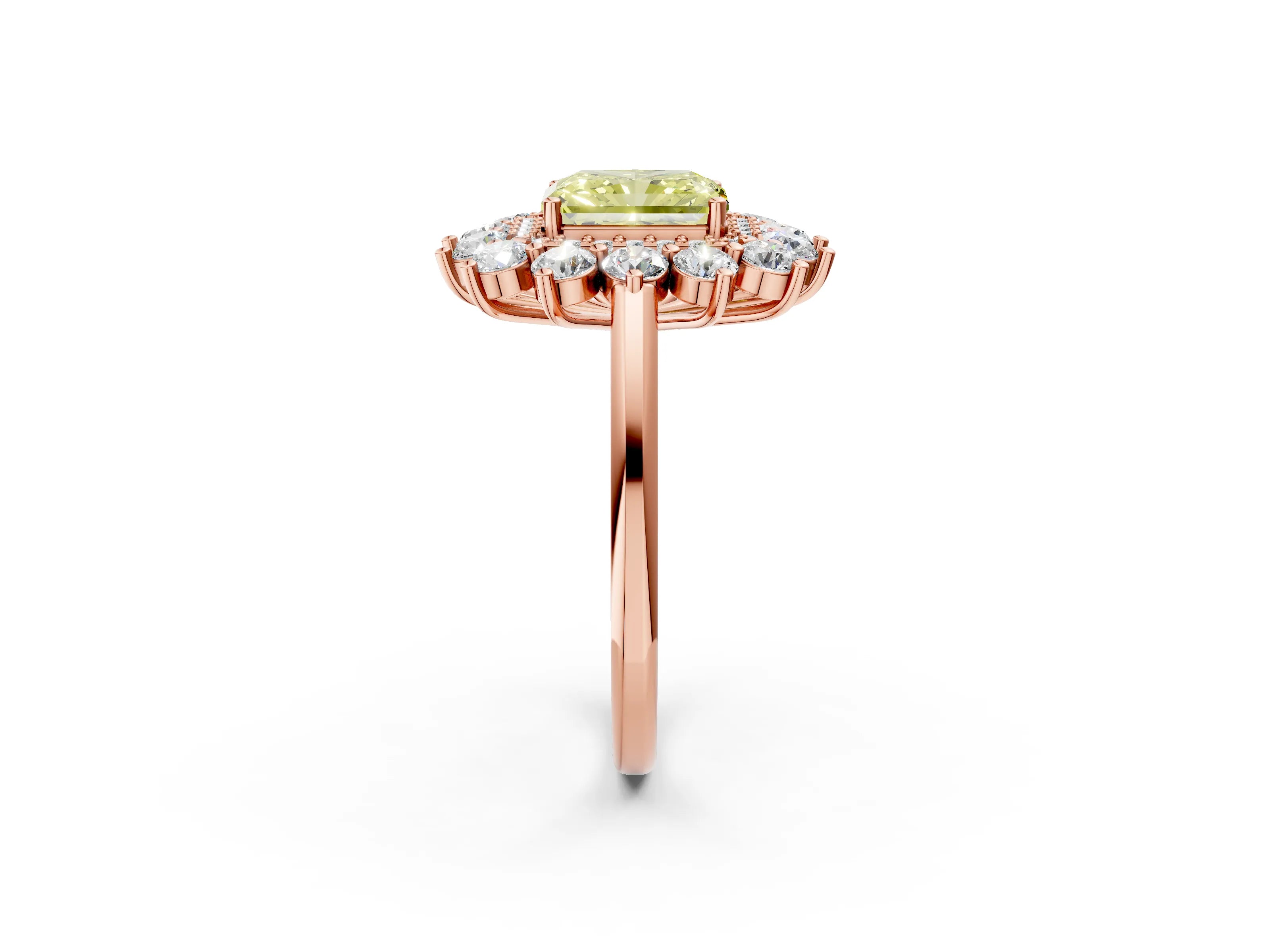 Rose gold Fancy Yellow Radiant Cut Halo Cluster Diamond Ring with Pave Band and Four-Prong Setting_14