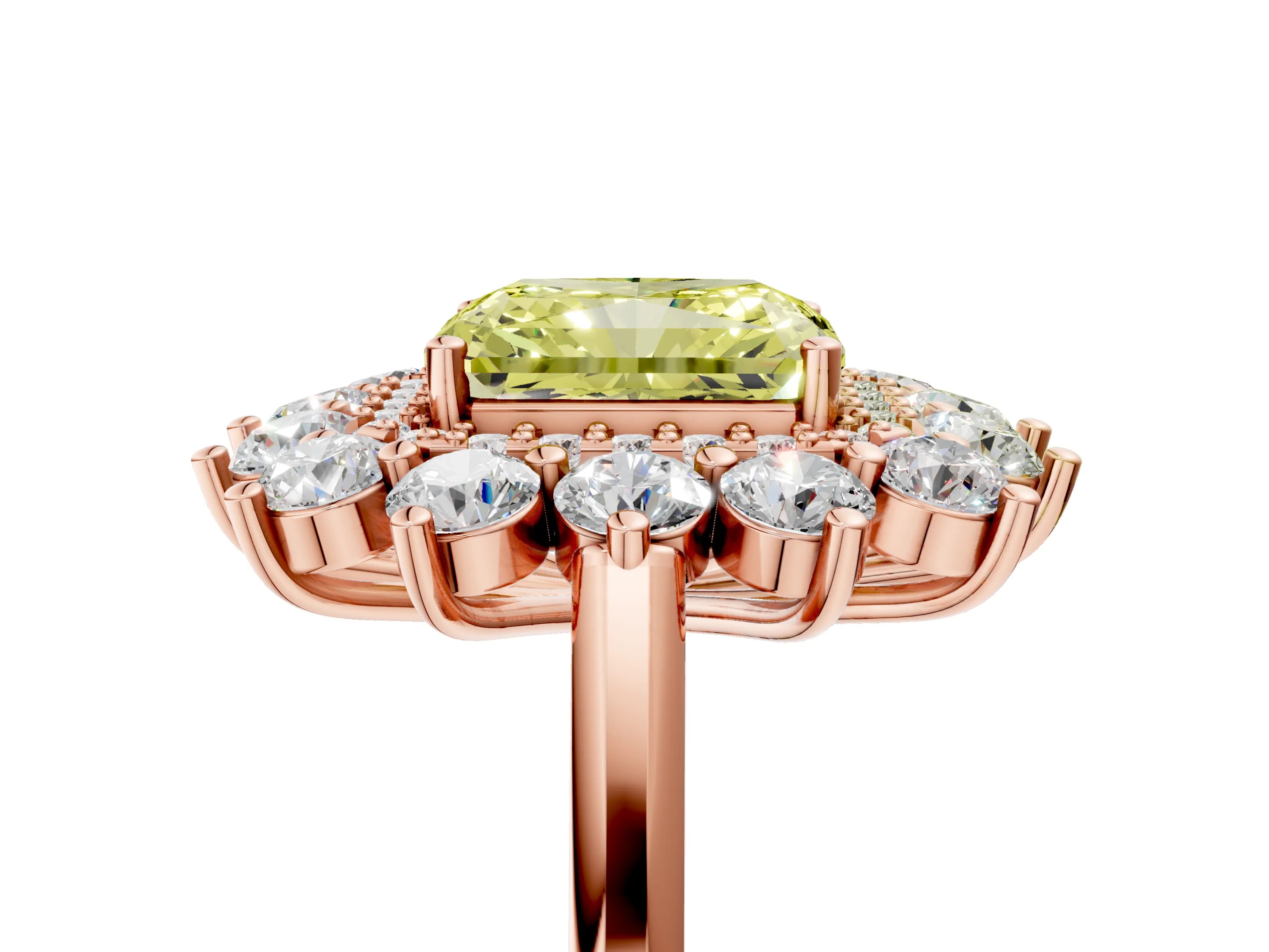 Rose gold Fancy Yellow Radiant Cut Halo Cluster Diamond Ring with Pave Band and Four-Prong Setting_17
