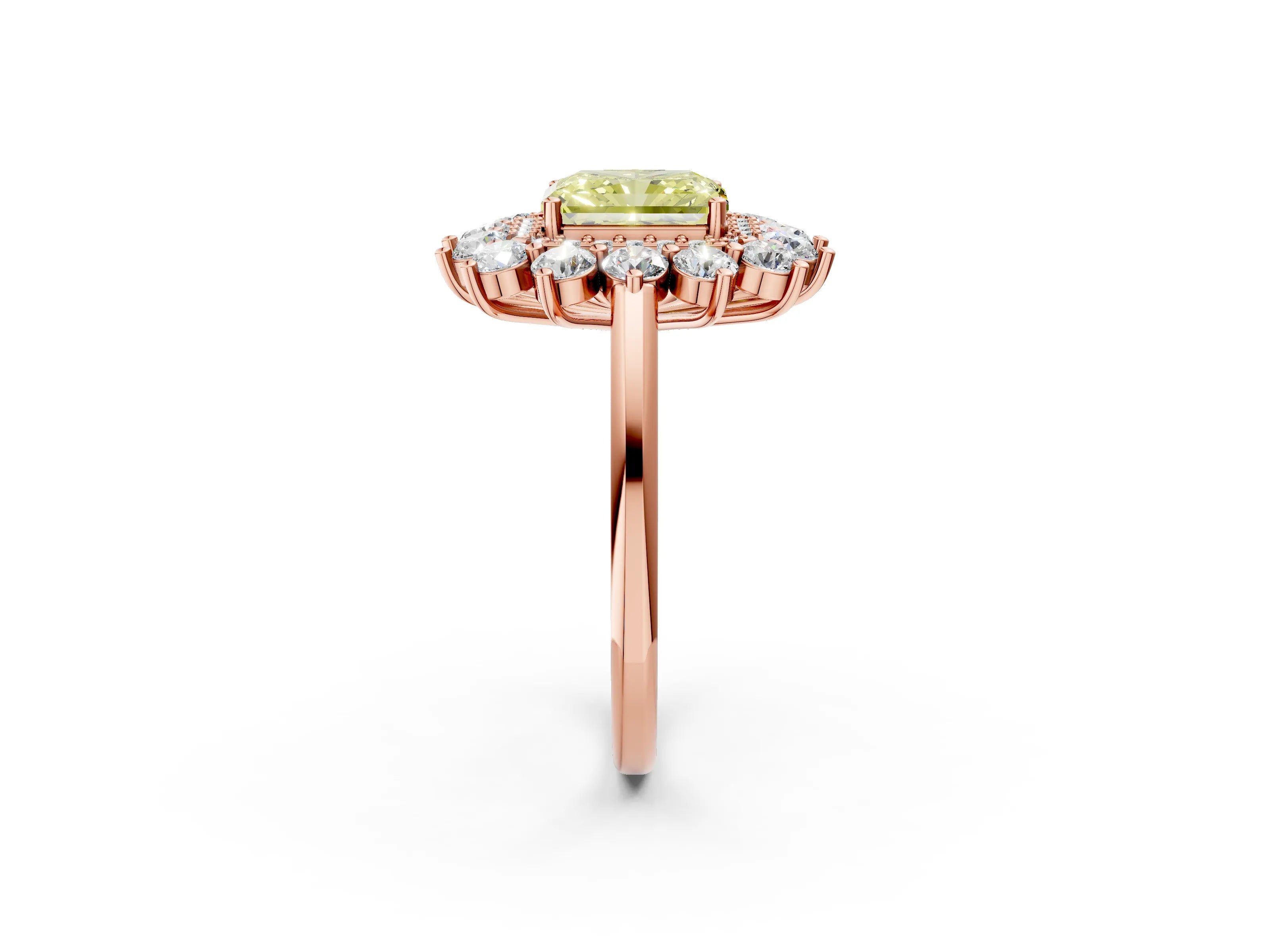 Rose gold Fancy Yellow Radiant Cut Halo Cluster Diamond Ring with Pave Band and Four-Prong Setting_2