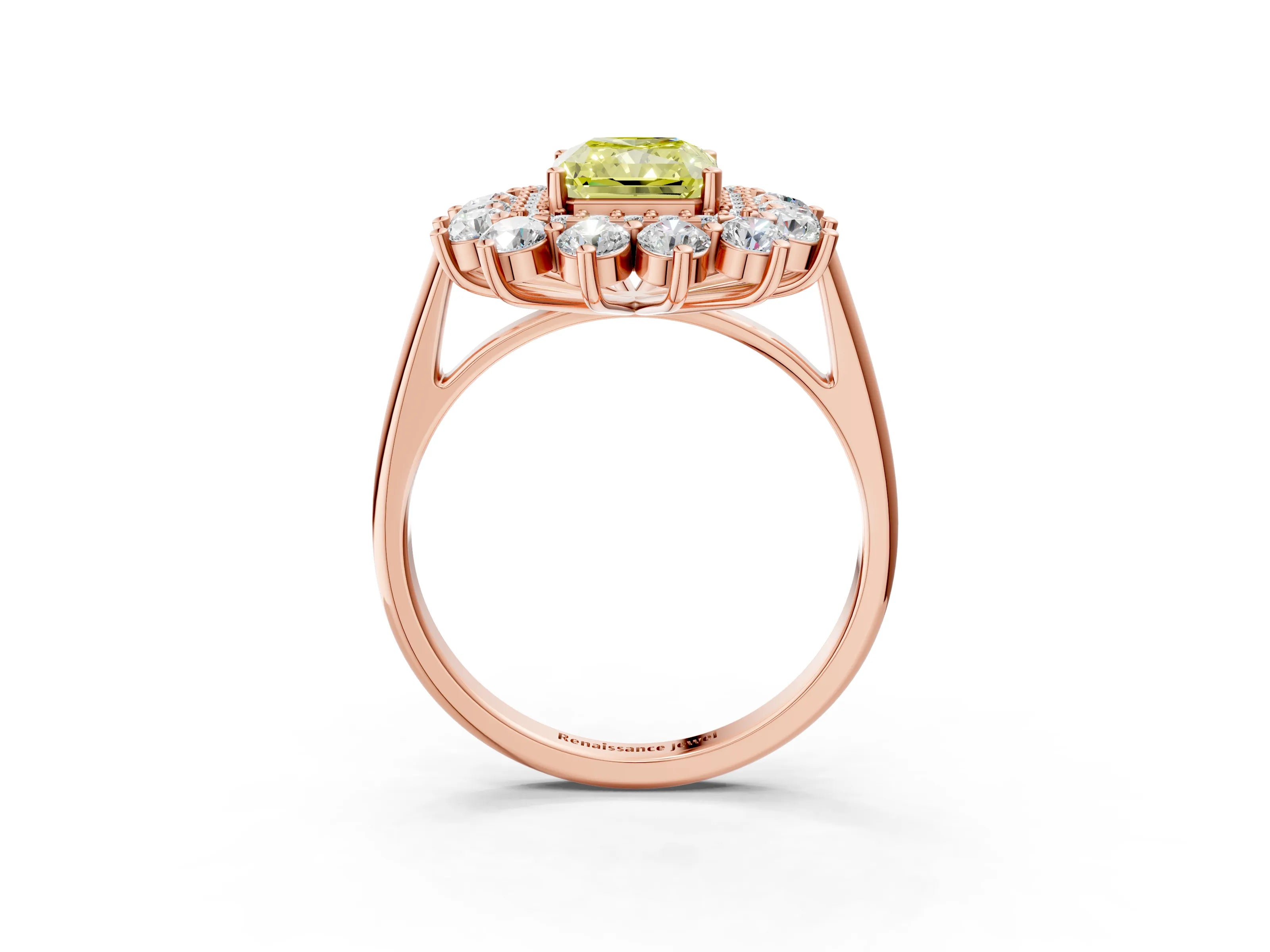 Rose gold Fancy Yellow Radiant Cut Halo Cluster Diamond Ring with Pave Band and Four-Prong Setting_3