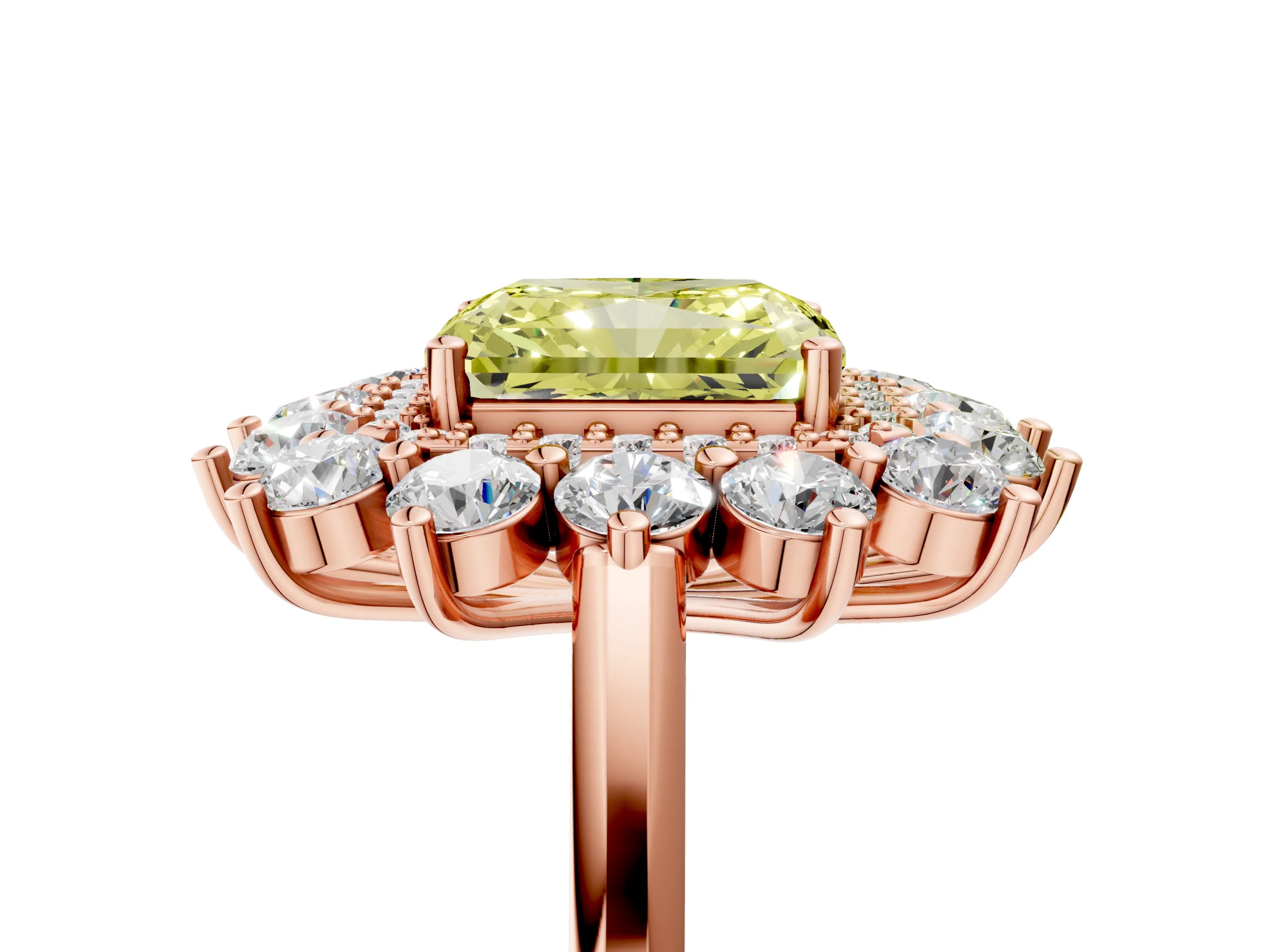 Rose gold Fancy Yellow Radiant Cut Halo Cluster Diamond Ring with Pave Band and Four-Prong Setting_5