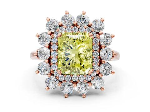 Rose gold Fancy Yellow Radiant Cut Halo Cluster Diamond Ring with Pave Band and Four-Prong Setting