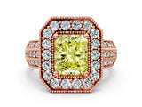 Rose gold Fancy Yellow Radiant Cut Halo Diamond Engagement Ring with Pave Split Shank and Four-Prong Setting