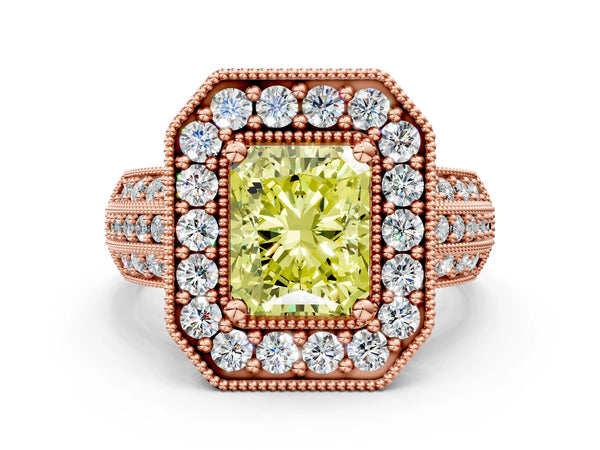 Rose gold Fancy Yellow Radiant Cut Halo Diamond Engagement Ring with Pave Split Shank and Four-Prong Setting