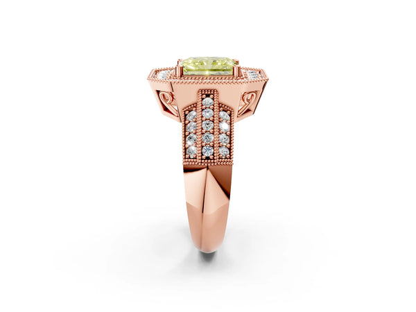 Rose gold Fancy Yellow Radiant Cut Halo Diamond Engagement Ring with Pave Split Shank and Four-Prong Setting
