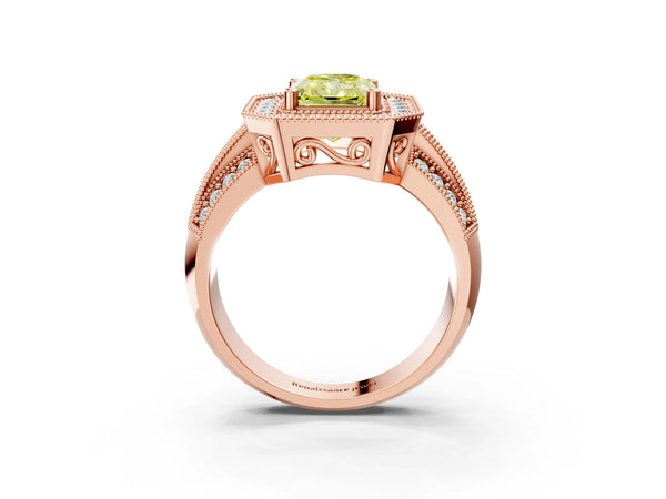 Rose gold Fancy Yellow Radiant Cut Halo Diamond Engagement Ring with Pave Split Shank and Four-Prong Setting
