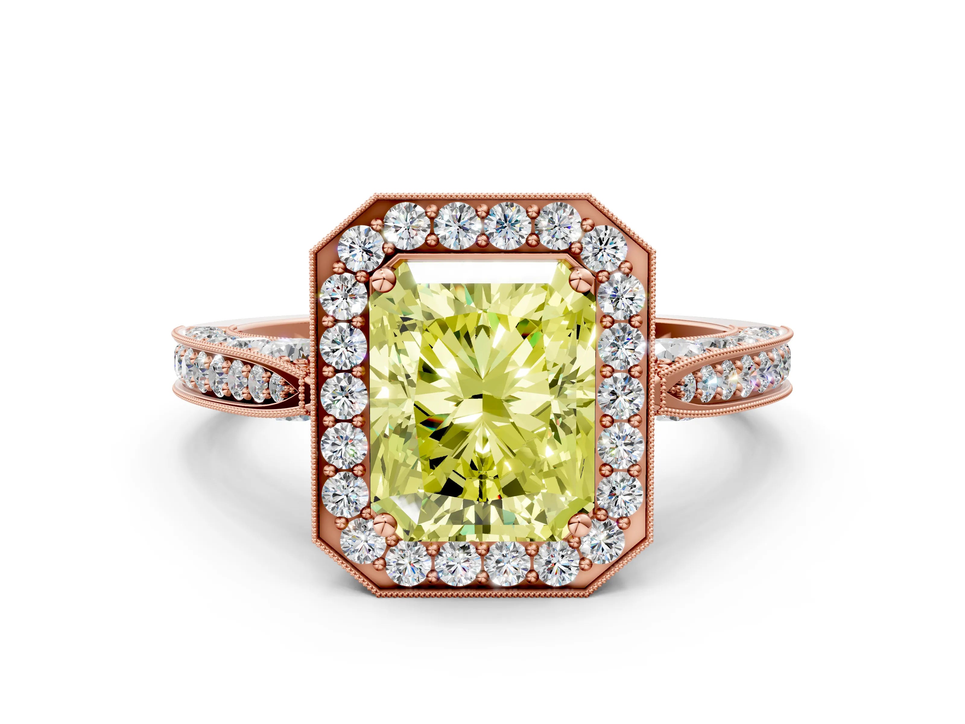 Rose gold Fancy Yellow Radiant Cut Halo Diamond Engagement Ring with Split Shank Band and Four-Prong Setting