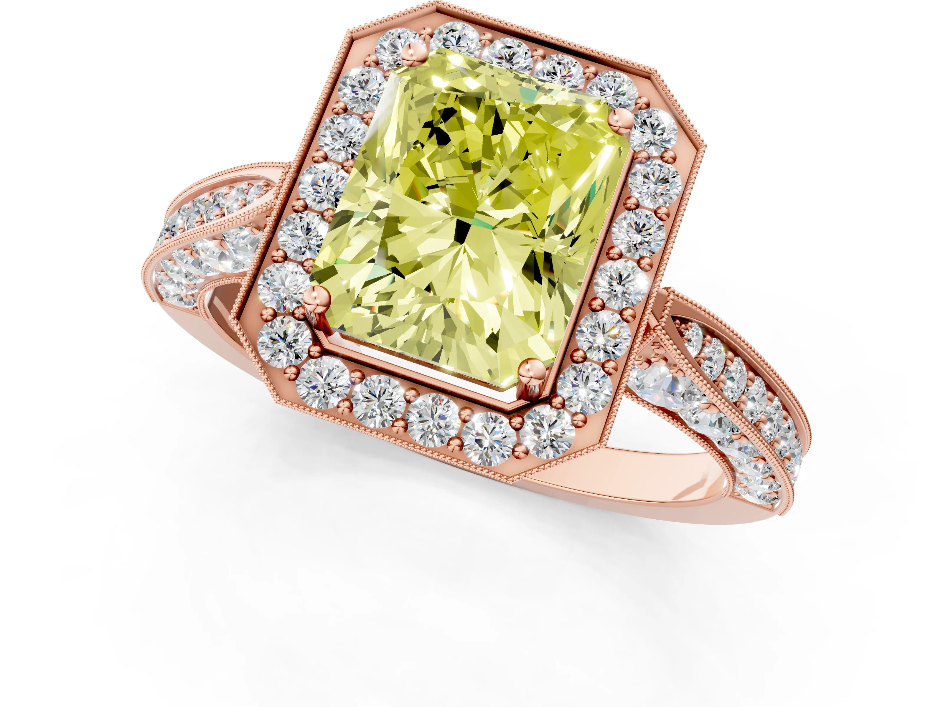 Rose gold Fancy Yellow Radiant Cut Halo Diamond Engagement Ring with Split Shank Band and Four-Prong Setting_1