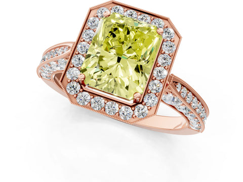 Rose gold Fancy Yellow Radiant Cut Halo Diamond Engagement Ring with Split Shank Band and Four-Prong Setting_1