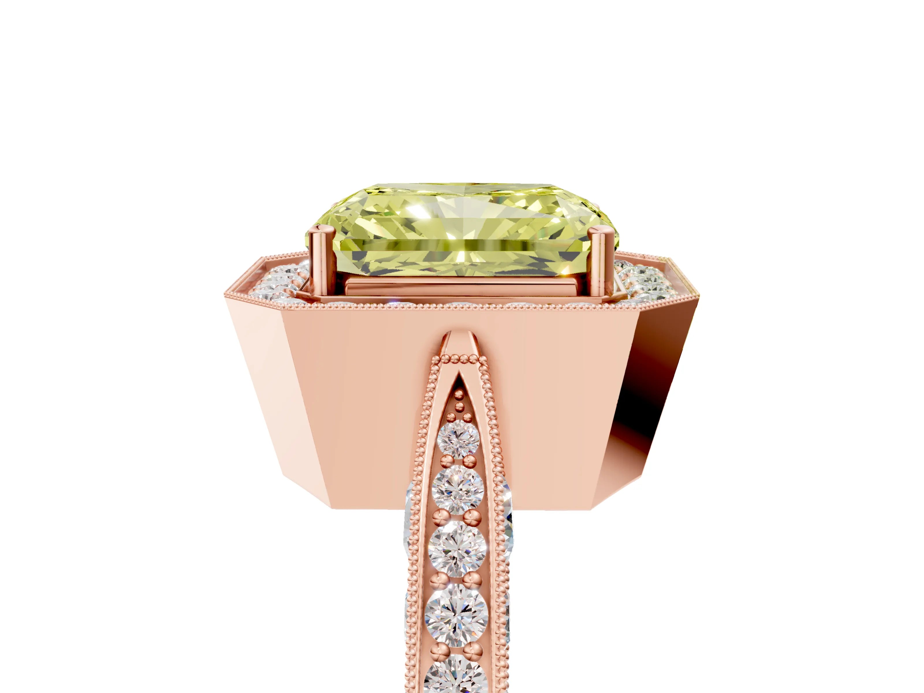 Rose gold Fancy Yellow Radiant Cut Halo Diamond Engagement Ring with Split Shank Band and Four-Prong Setting_5