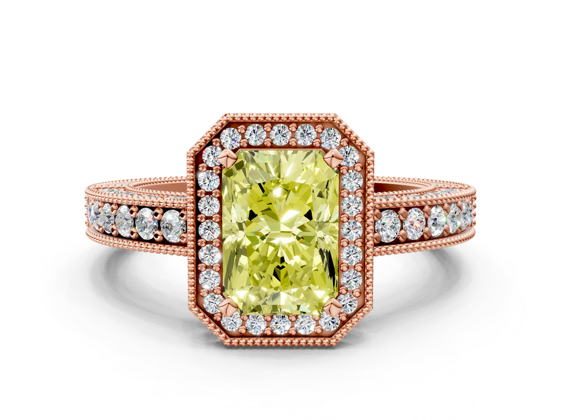 Rose gold Fancy Yellow Radiant  Cut Halo Diamond Pave Band Ring with Four-Prong Setting_54