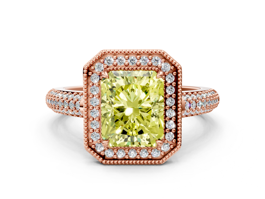 Rose gold Fancy Yellow Radiant  Cut Halo Diamond Pave Band with Four-Prong Setting_37