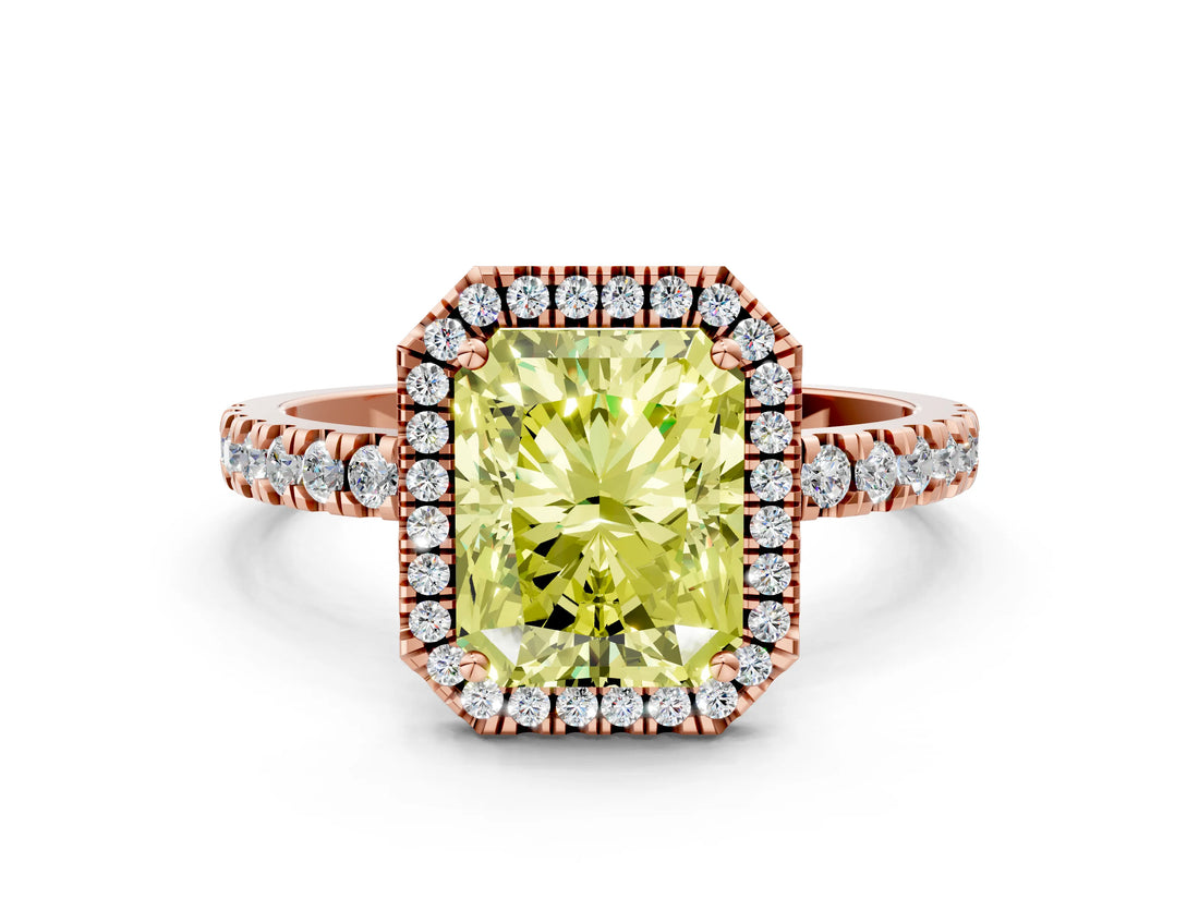 Rose gold Fancy Yellow Radiant Cut Halo Diamond Pave Band with Prong Setting