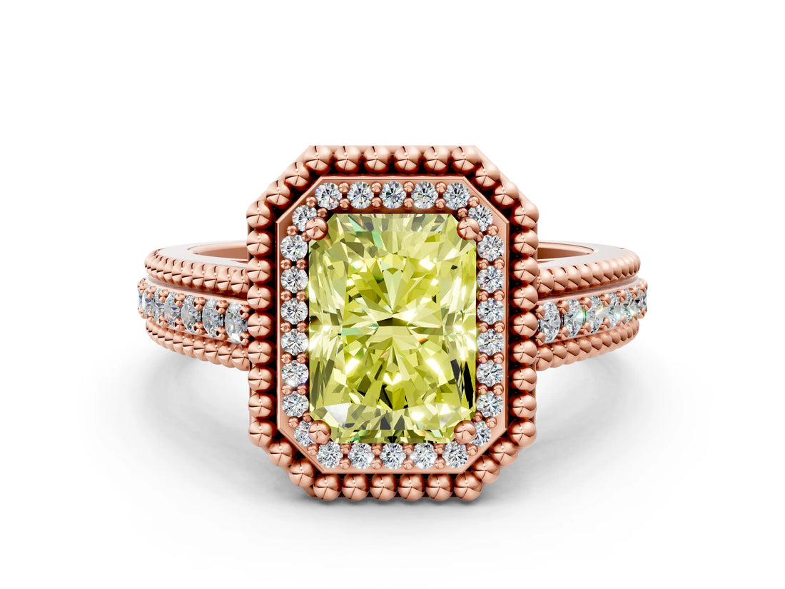 Rose gold Fancy Yellow Radiant Cut Halo Diamond Ring with Beaded Split Shank and Four-Prong Setting