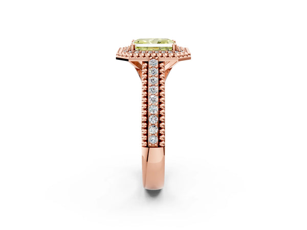 Rose Gold Radiant Cut Beaded Halo Engagement Ring Setting for Fancy Yellow Center with Pave