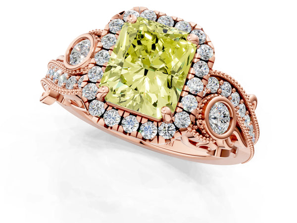 Rose gold Fancy Yellow Radiant Cut Halo Diamond Ring with Milgrain and Bezel Accents on a Split Shank Band
