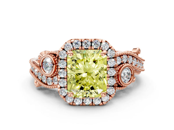 Rose gold Fancy Yellow Radiant Cut Halo Diamond Ring with Milgrain and Bezel Accents on a Split Shank Band