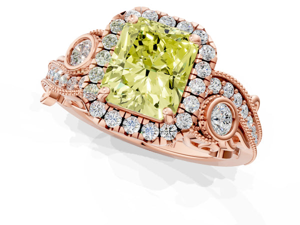 Rose gold Fancy Yellow Radiant Cut Halo Diamond Ring with Milgrain and Bezel Accents on a Split Shank Band