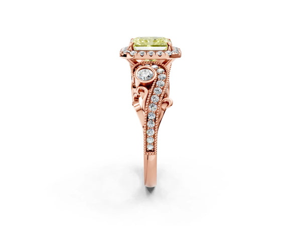 Rose gold Fancy Yellow Radiant Cut Halo Diamond Ring with Milgrain and Bezel Accents on a Split Shank Band