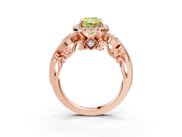 Rose gold Fancy Yellow Radiant Cut Halo Diamond Ring with Milgrain and Bezel Accents on a Split Shank Band