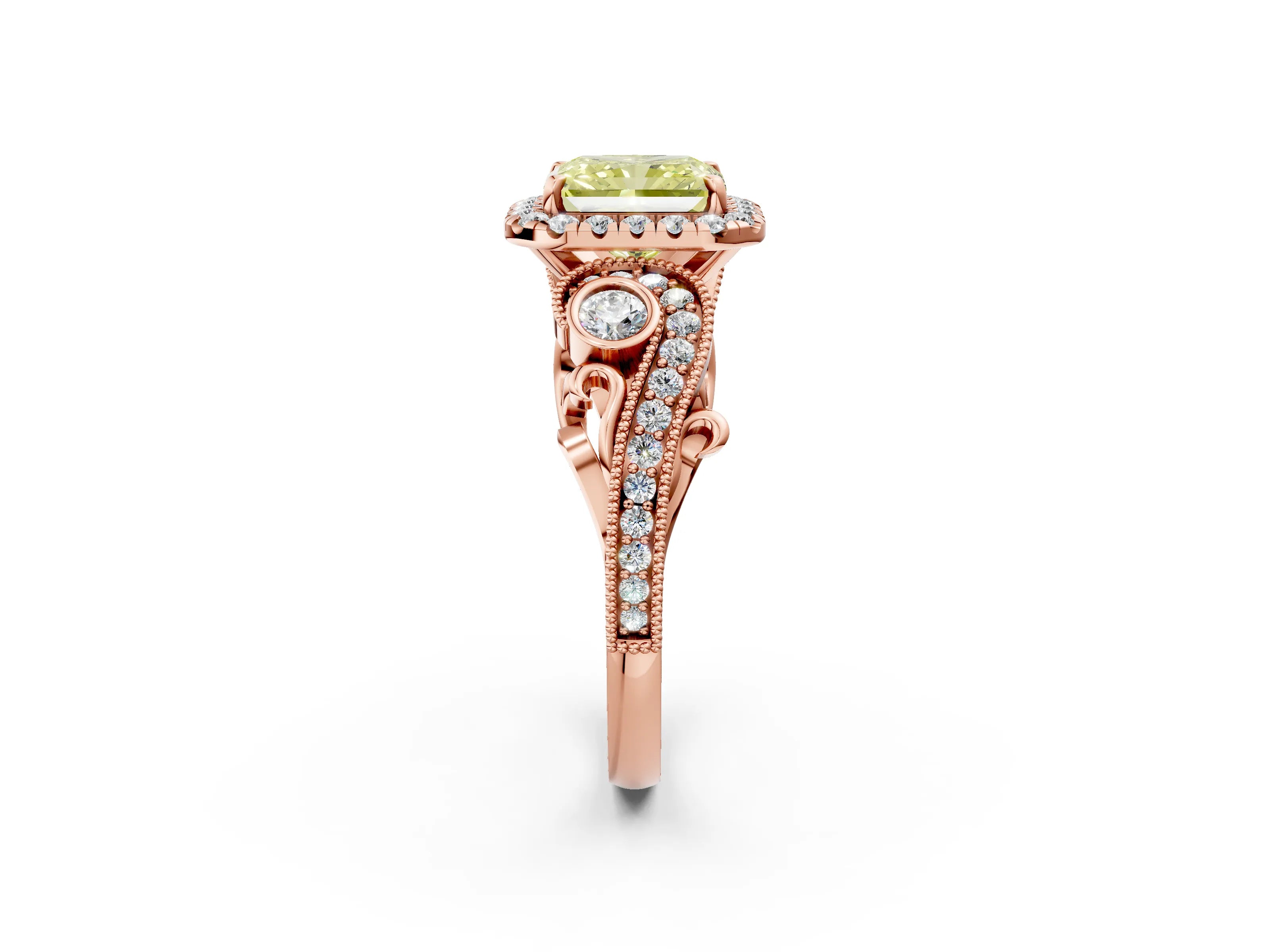 Rose gold Fancy Yellow Radiant Cut Halo Diamond Ring with Milgrain and Bezel Accents on a Split Shank Band_2