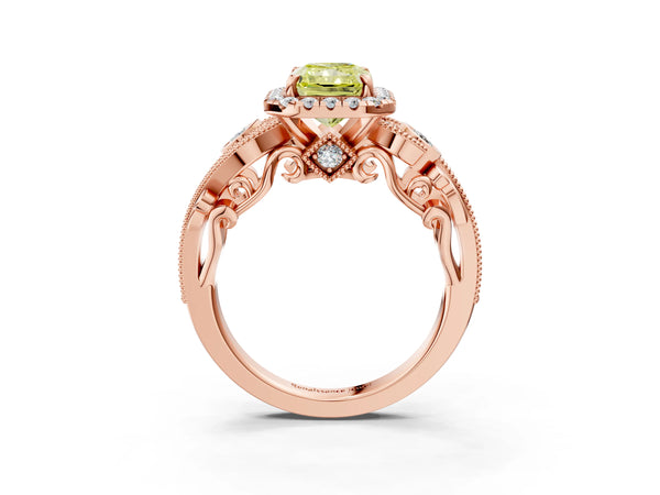Rose gold Fancy Yellow Radiant Cut Halo Diamond Ring with Milgrain and Bezel Accents on a Split Shank Band