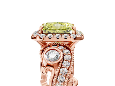 Rose gold Fancy Yellow Radiant Cut Halo Diamond Ring with Milgrain and Bezel Accents on a Split Shank Band_5