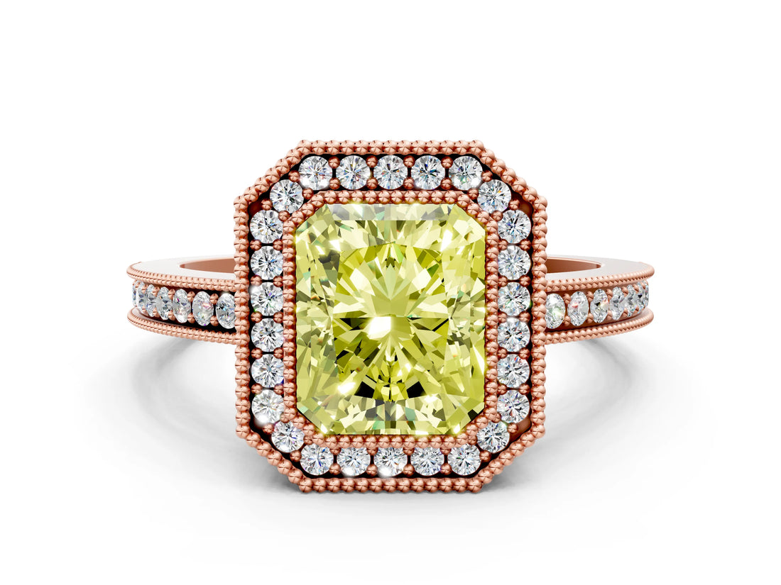 Rose gold Fancy Yellow Radiant  Cut Halo Diamond Ring with Pavé Band and Milgrain Prong Setting_32