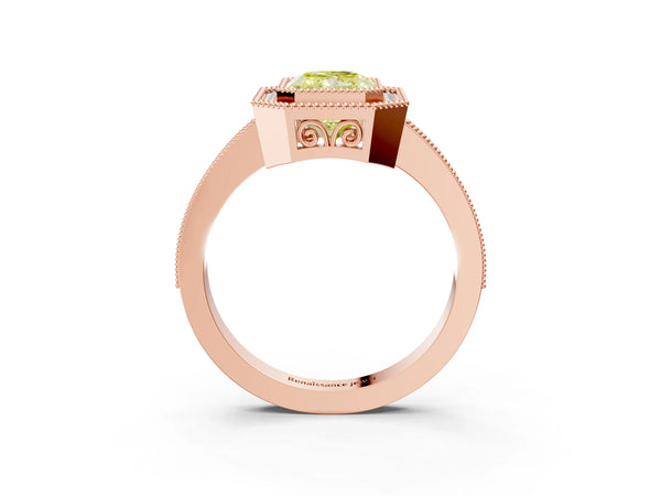 Rose gold Fancy Yellow Radiant  Cut Halo Diamond Ring with Pavé Band and Milgrain Prong Setting