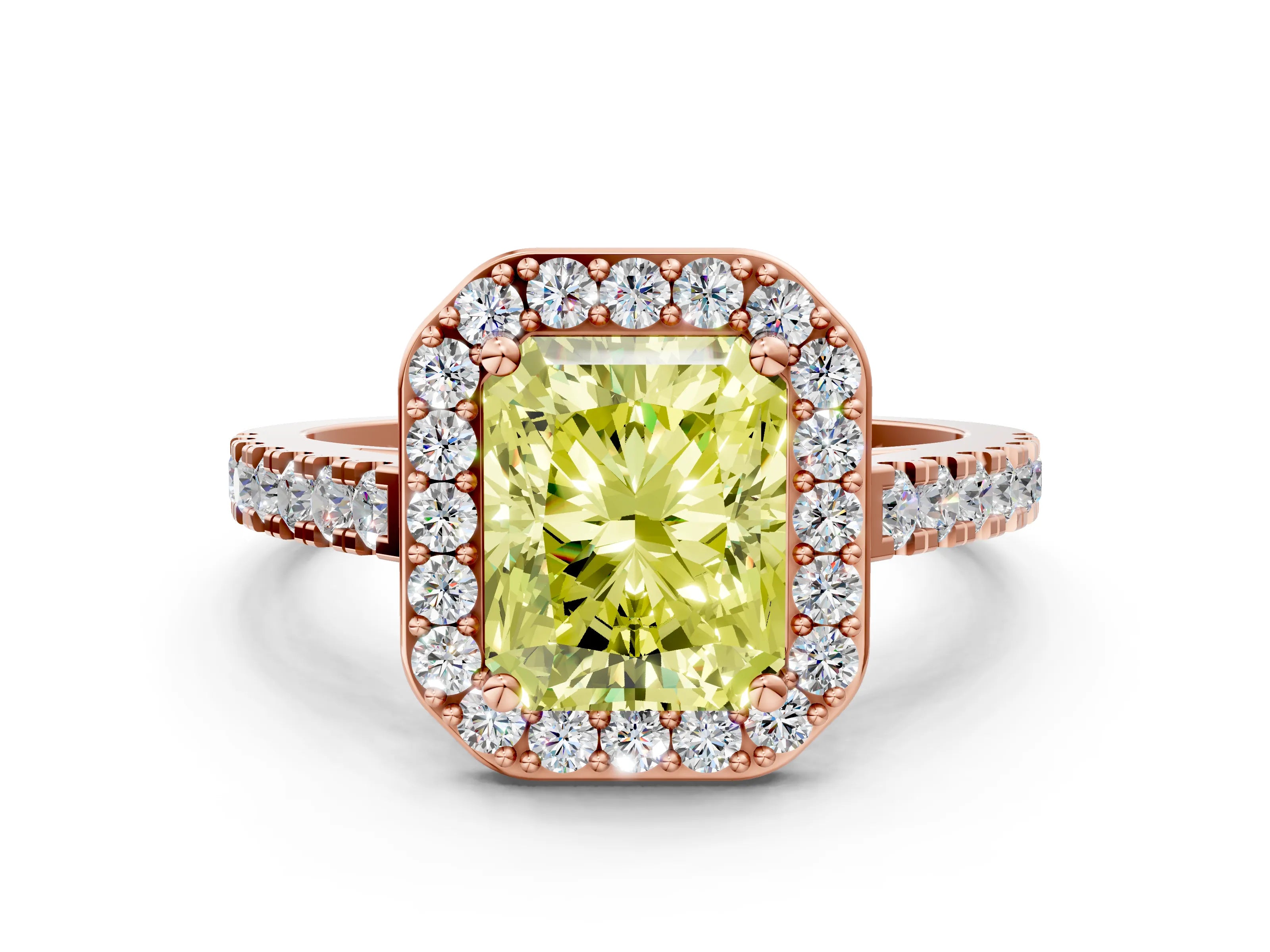 Rose gold Fancy Yellow Radiant Cut Halo Diamond Ring with Pavé Band and Three-Prong Setting