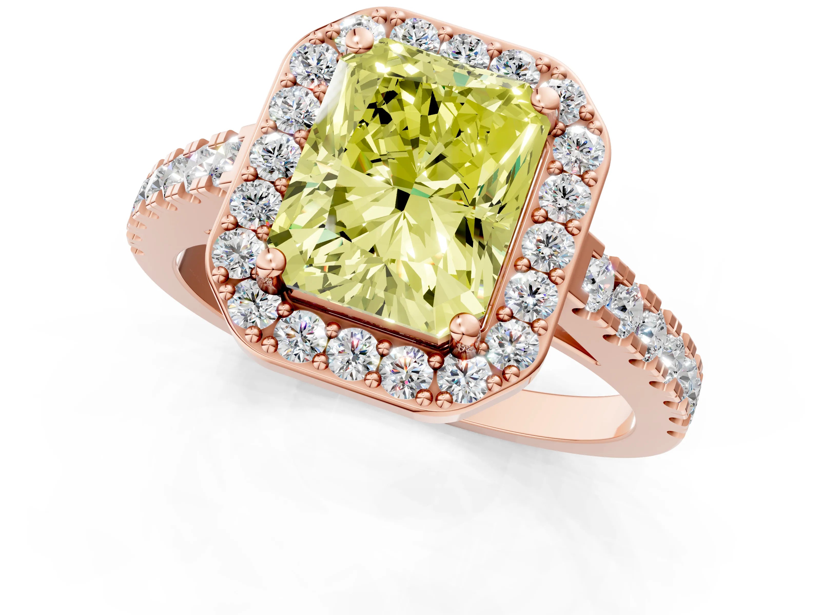 Rose gold Fancy Yellow Radiant Cut Halo Diamond Ring with Pavé Band and Three-Prong Setting_1