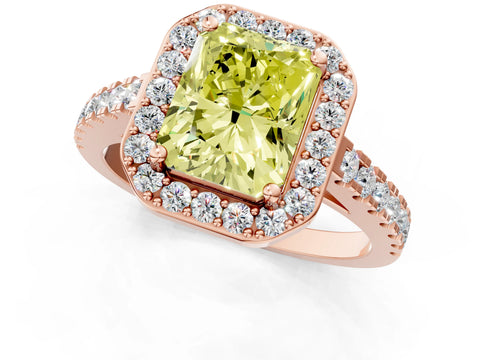 Rose gold Fancy Yellow Radiant Cut Halo Diamond Ring with Pavé Band and Three-Prong Setting_1