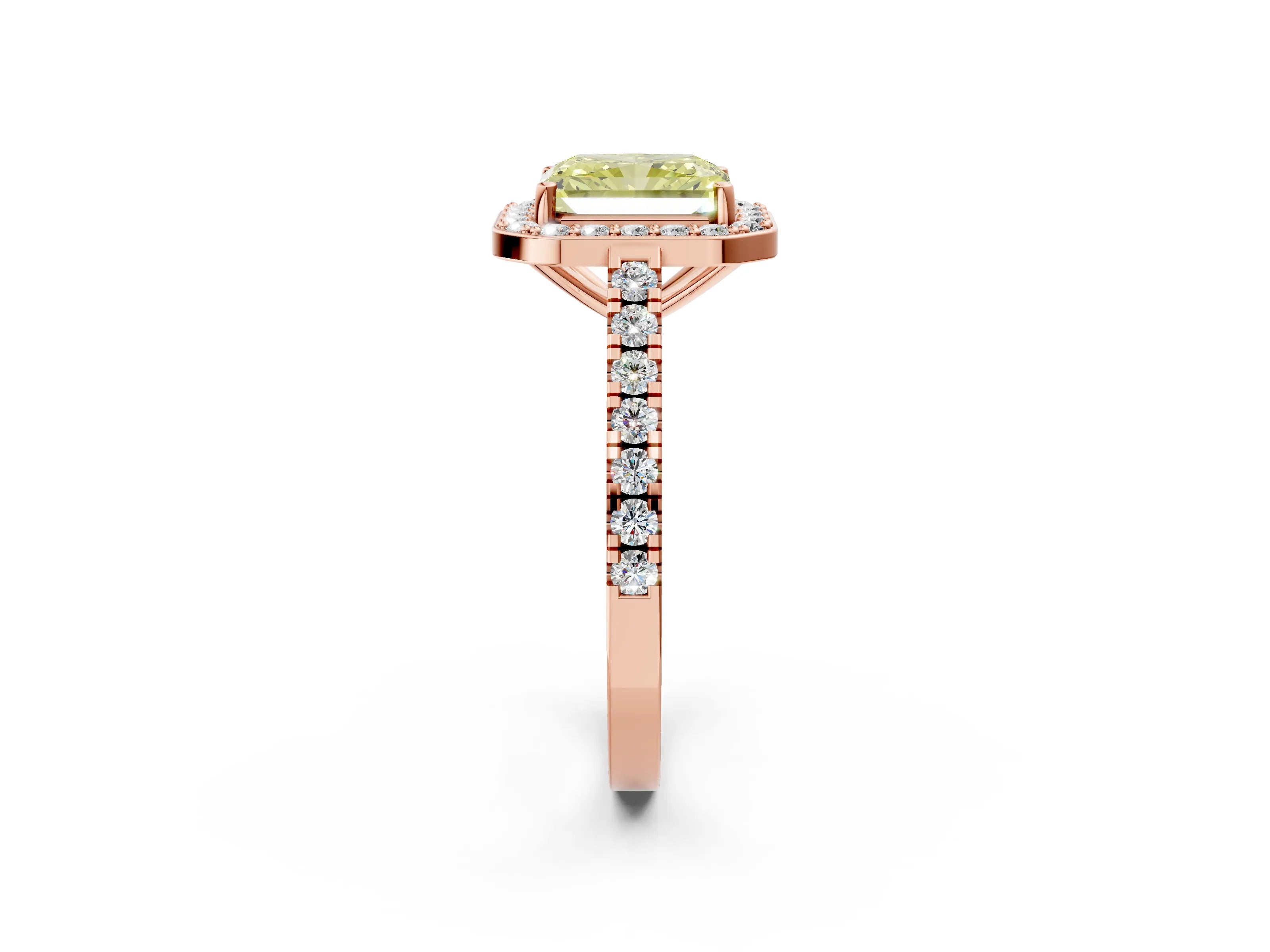 Rose gold Fancy Yellow Radiant Cut Halo Diamond Ring with Pavé Band and Three-Prong Setting_2