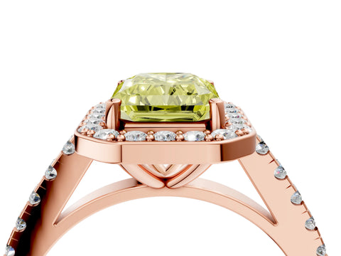 Rose gold Fancy Yellow Radiant Cut Halo Diamond Ring with Pavé Band and Three-Prong Setting_4