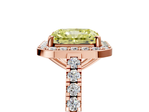 Rose gold Fancy Yellow Radiant Cut Halo Diamond Ring with Pavé Band and Three-Prong Setting_5