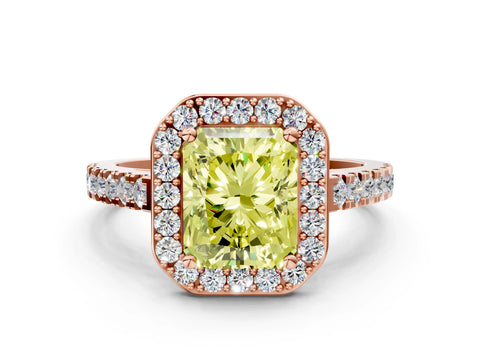 Rose gold Fancy Yellow Radiant Cut Halo Diamond Ring with Pavé Band and Three-Prong Setting