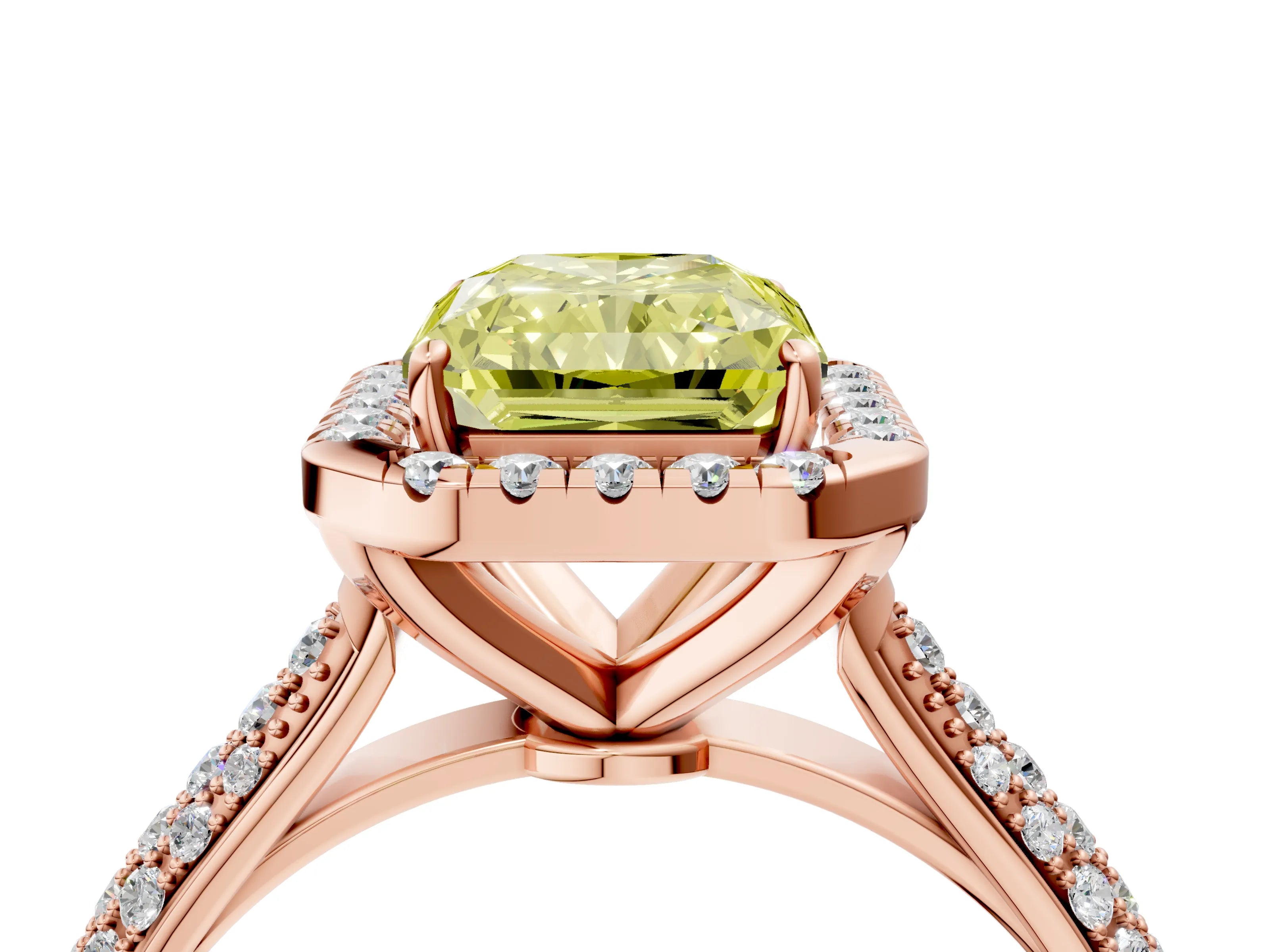 Rose gold Fancy Yellow Radiant Cut Halo Diamond Ring with Pavé Band_4