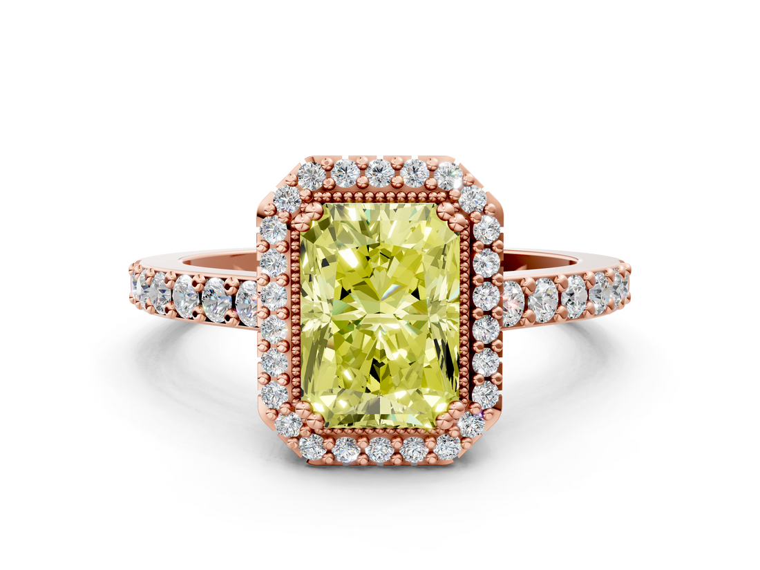 Rose gold Fancy Yellow Radiant  Cut Halo Diamond Ring with Pave Band and Four-Prong Setting_24