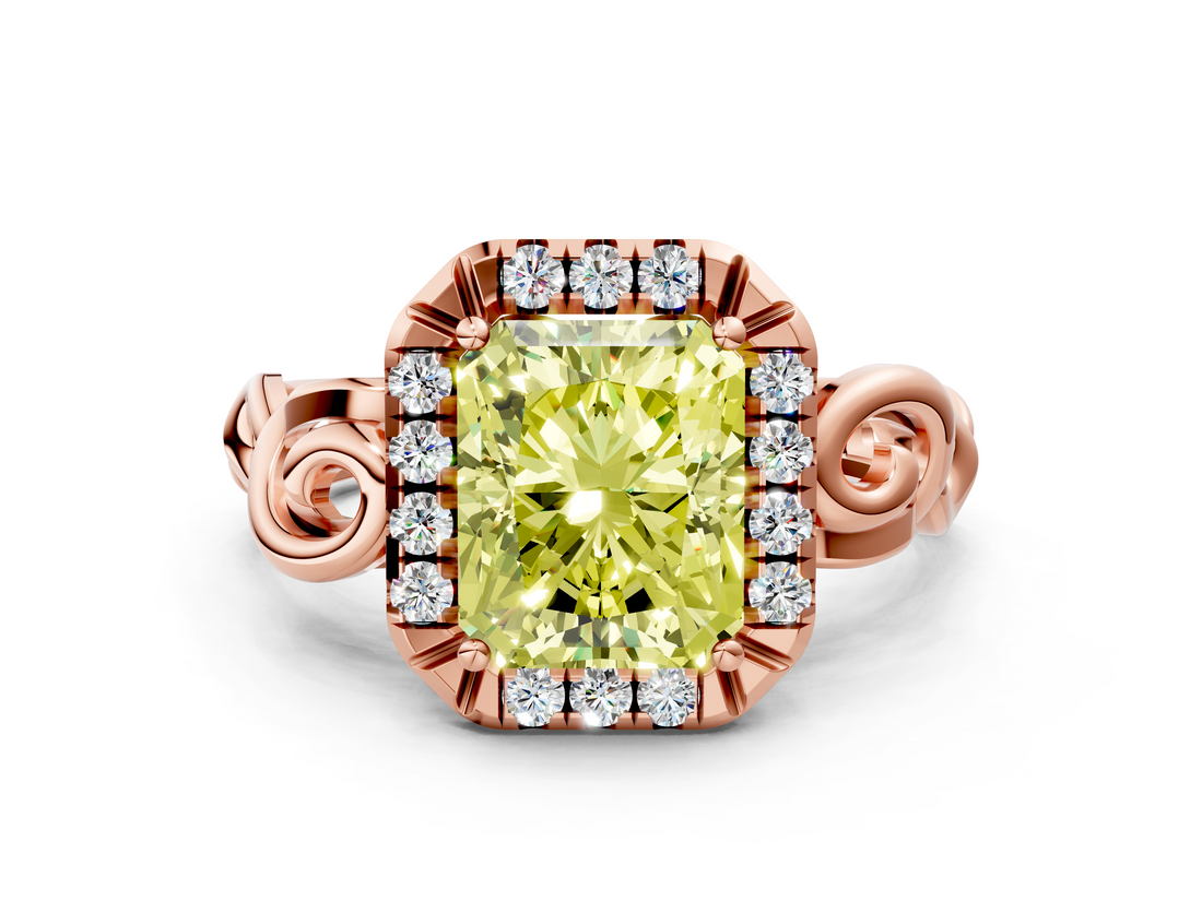 Rose gold Fancy Yellow Radiant  Cut Halo Diamond Ring with Scrollwork Band and Four-Prong Setting_56