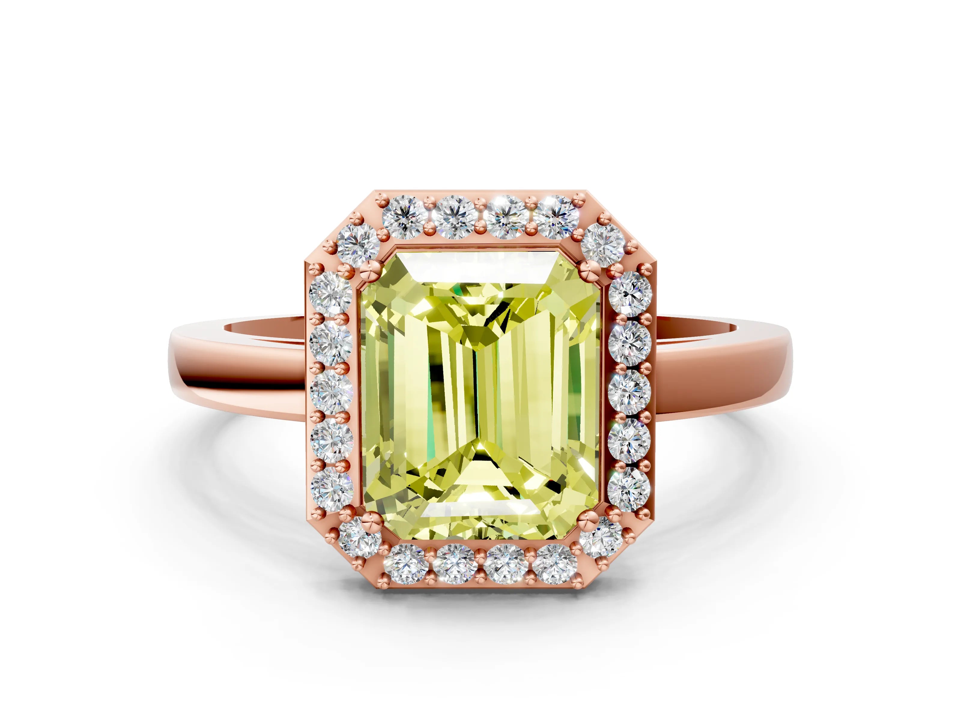 Rose gold Fancy Yellow Radiant Cut Halo Diamond Ring with Solitaire Band and Prong Setting