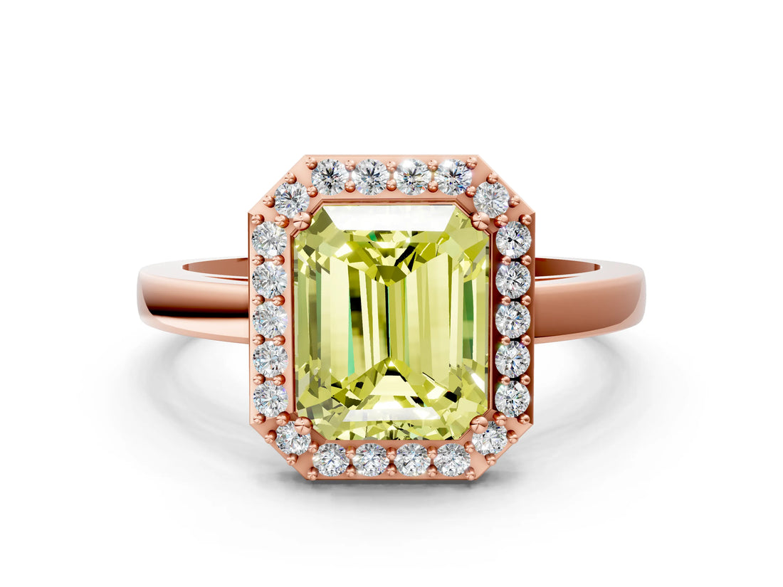 Rose gold Fancy Yellow Radiant Cut Halo Diamond Ring with Solitaire Band and Prong Setting